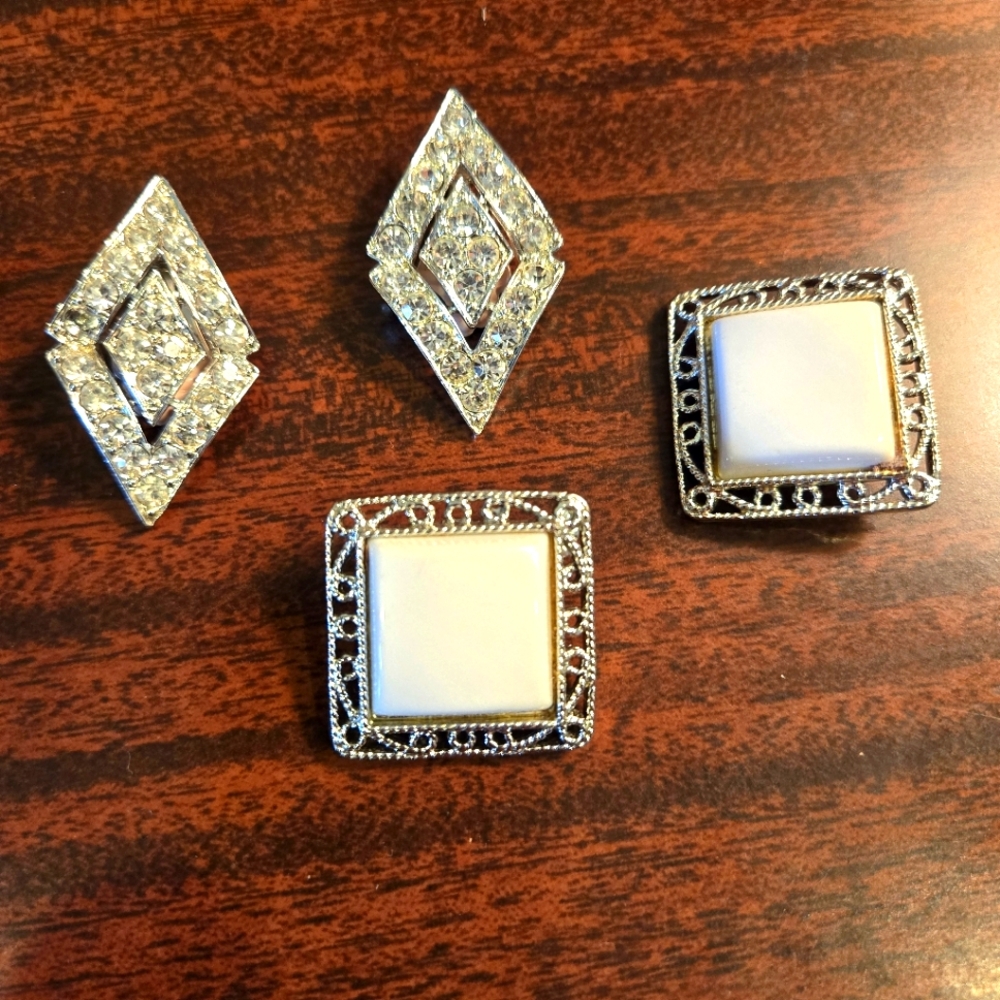 2 Pair Vintage Clip On Earrings, Rhinestone, White Lucite